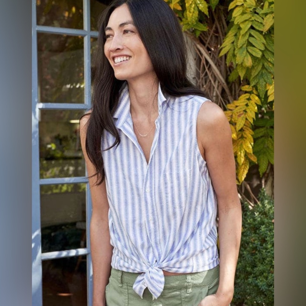 FRANK AND EILEEN Fiona Button Up Sleeveless Shirt in Blue Stripe